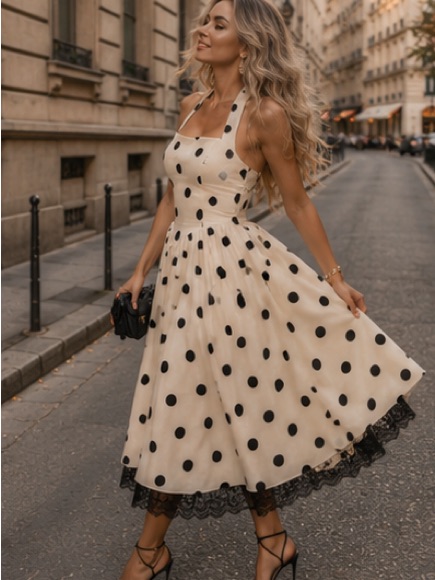 Polka Dot Halter Midi Dress In Cream And Black
